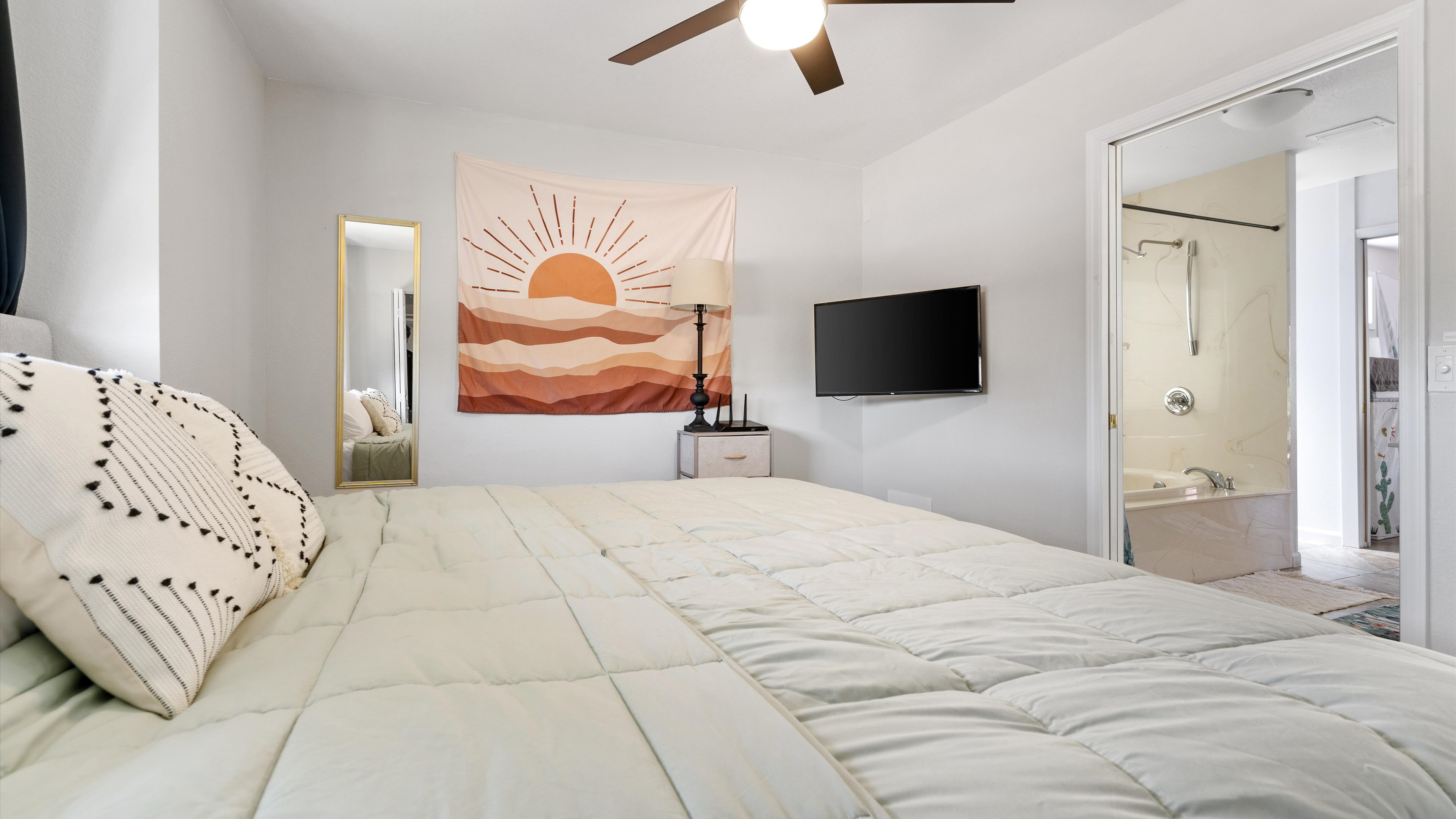 Outdoor dining area with red rock backdrop